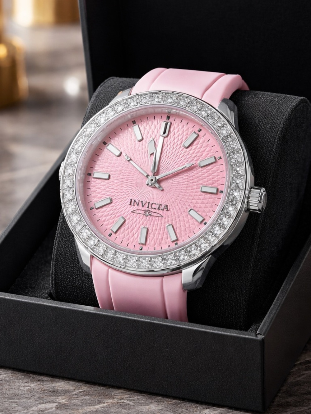 Invicta Pink Dial Crystal-Bezel Silicone Strap Women's Watch (Celestial) 37mm 🔥